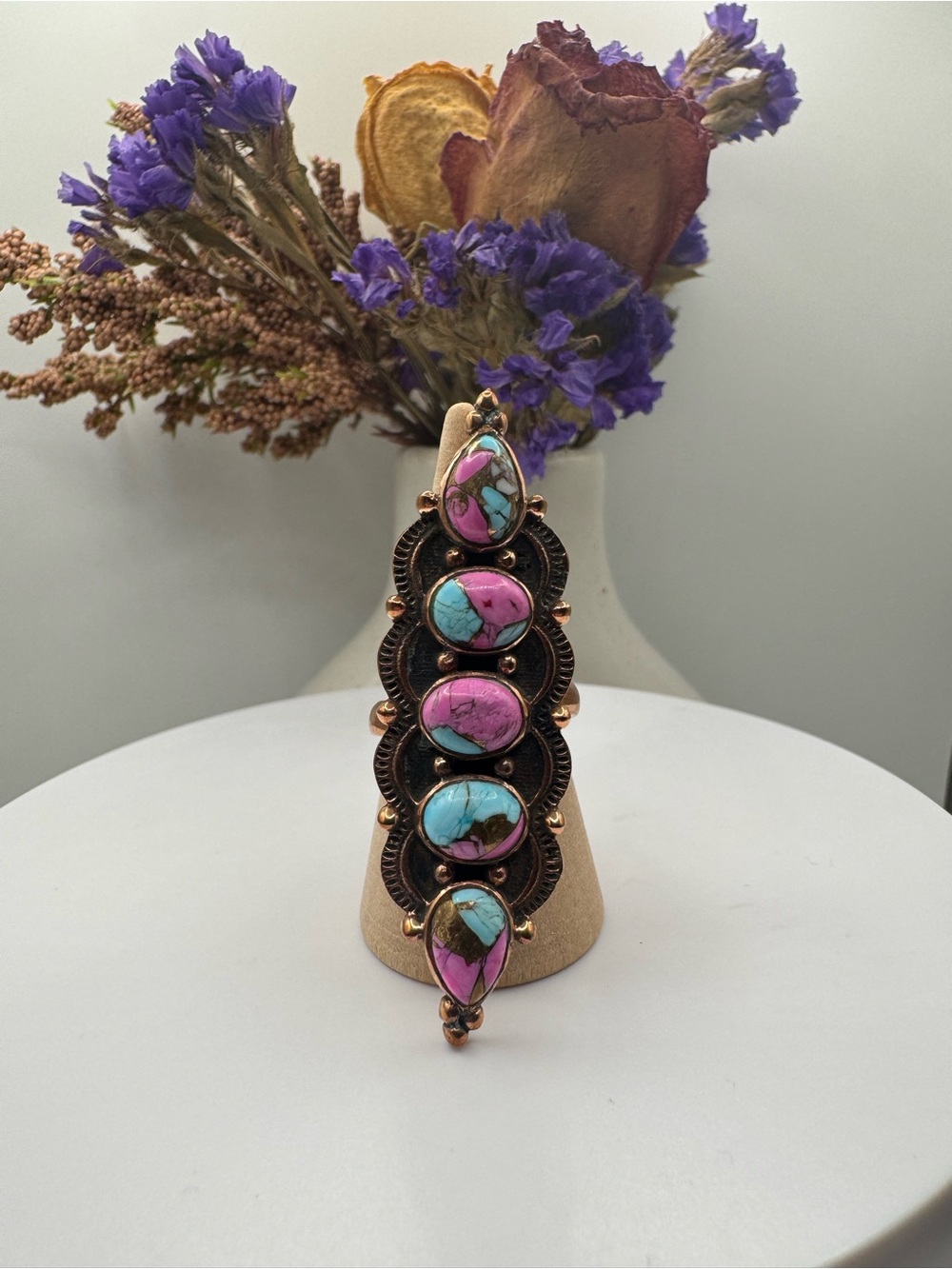 Five-Stone Cotton Candy Turquoise Copper Statement Ring (Adjustable)